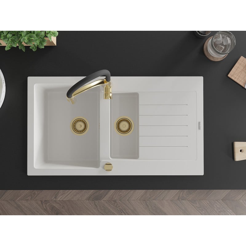 Mexen Matias fregadero de granito de 1,5 senos con escurridor y grifo de cocina Aster, blanco - 6502-20-73450-57-G