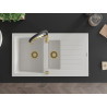 Mexen Matias fregadero de granito 1,5 tazones con escurridor y grifo de cocina Aster, blanco - 6502-20-73450-57-G