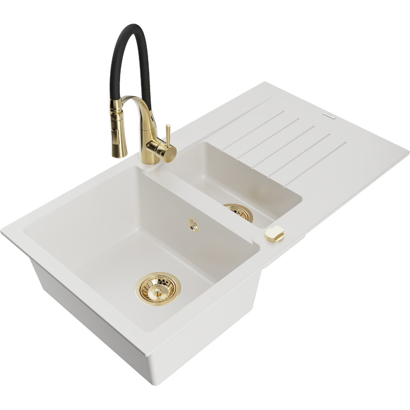 Mexen Matias fregadero de granito 1,5 tazones con escurridor y grifo de cocina Aster, blanco - 6502-20-73450-57-G