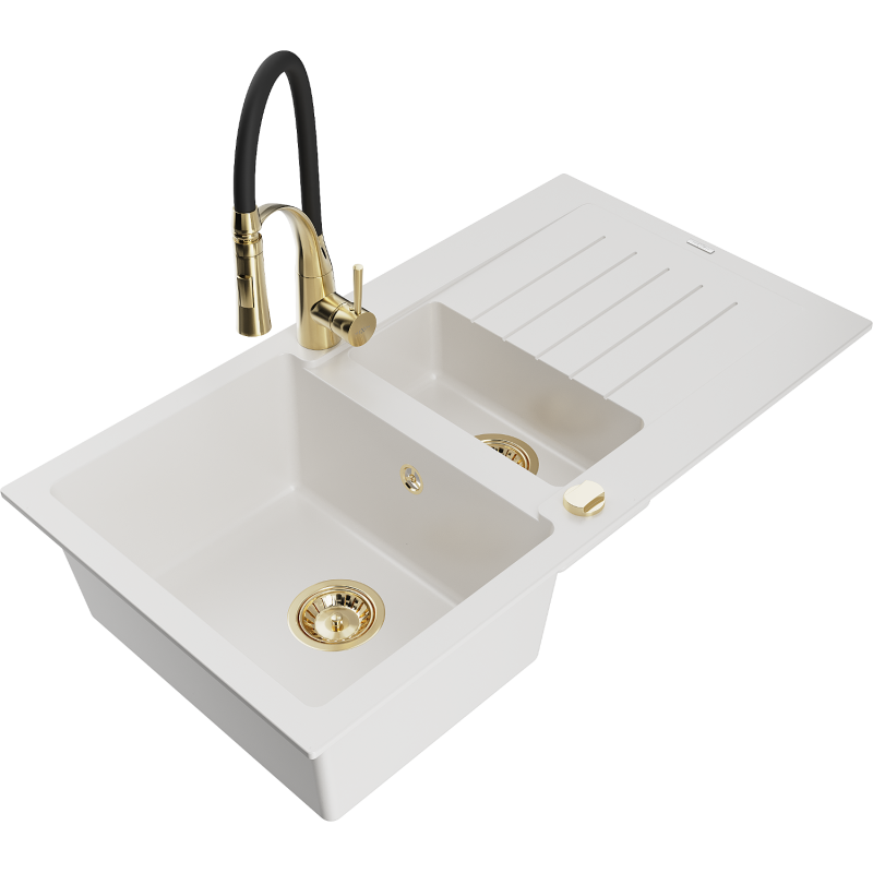 Mexen Matias granite sink 1.5-bowl with drainer and Aster kitchen tap, white - 6502-20-73450-57-G