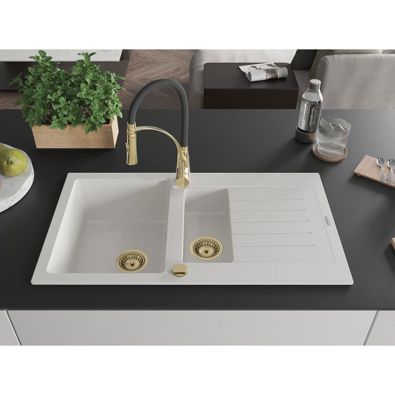 Mexen Matias granite sink 1.5-bowl with drainer and Aster kitchen tap, white - 6502-20-73450-57-G