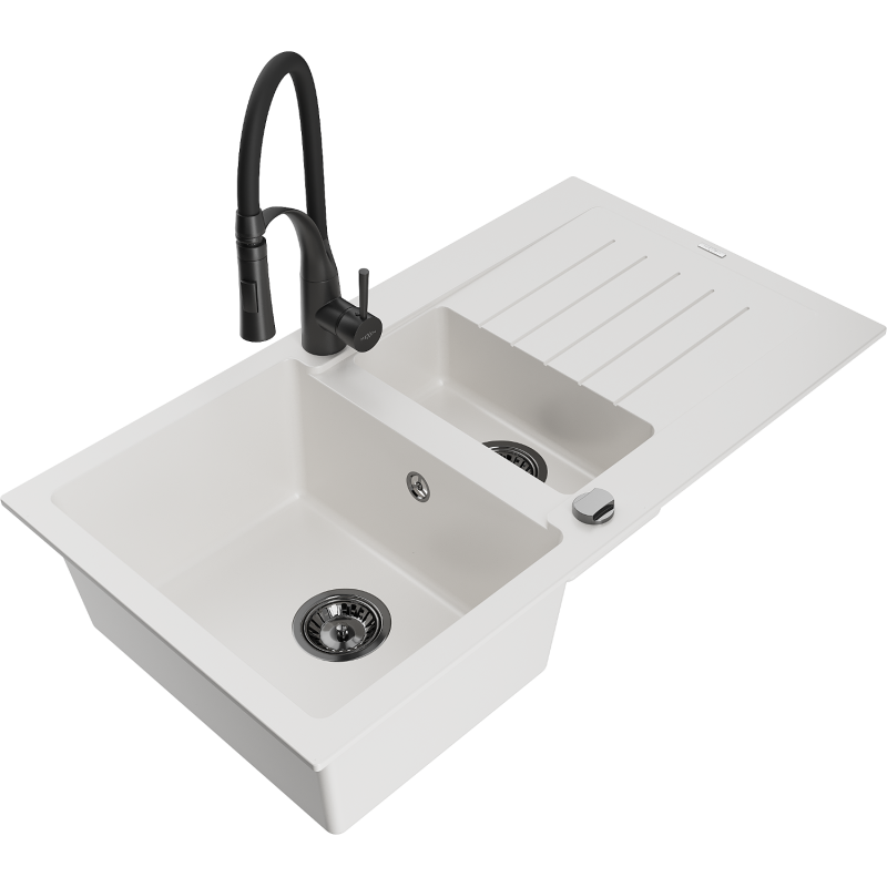 Mexen Matias évier en granit 1,5 bac avec égouttoir et robinet de cuisine Aster, blanc - 6502-20-73450-70-B