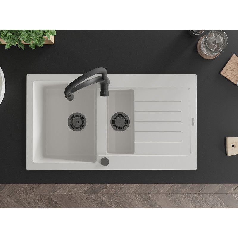 Mexen Matias fregadero de granito de 1,5 senos con escurridor y grifo de cocina Aster, blanco - 6502-20-73450-70-B