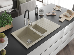Mexen Matias Granitspüle 1,5 Kammern mit Abtropffläche und Küchenarmatur Aster, beige - 6502-69-73450-07