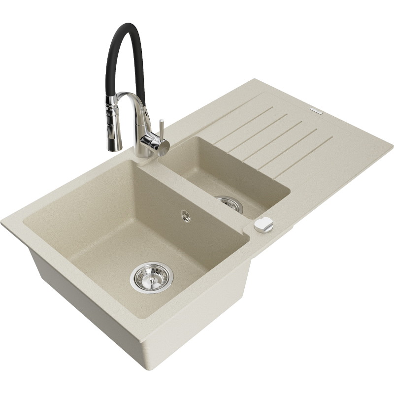 Mexen Matias fregadero de granito 1,5 senos con escurridor y grifo de cocina Aster, beige - 6502-69-73450-07