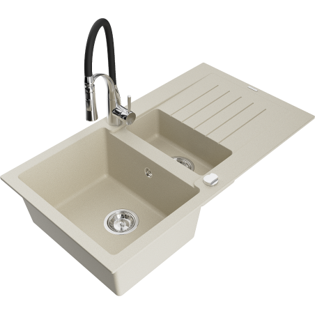 Mexen Matias granieten spoelbak 1,5-komers met afdruiprek en keukenmengkraan Aster, beige - 6502-69-73450-07