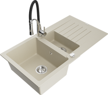 Mexen Matias Granitspüle 1,5 Kammern mit Abtropffläche und Küchenarmatur Aster, beige - 6502-69-73450-07