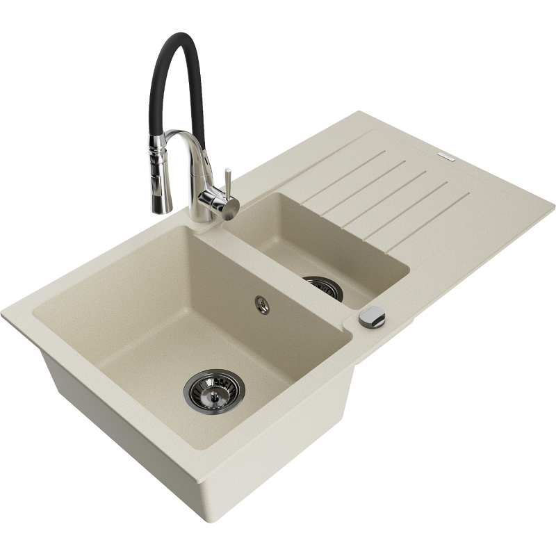Mexen Matias évier en granit 1,5 bac avec égouttoir et robinet de cuisine Aster, beige - 6502-69-73450-07-B