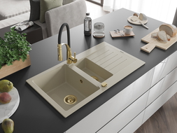 Mexen Matias Granite Kitchen Sink 1.5 Bowl with Drainer and Aster Kitchen Tap, Beige - 6502-69-73450-57-G
