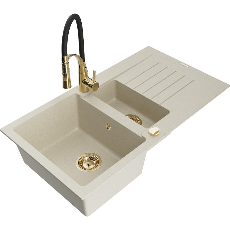 Mexen Matias fregadero de granito de 1,5 senos con escurridor y grifo de cocina Aster, beige - 6502-69-73450-57-G