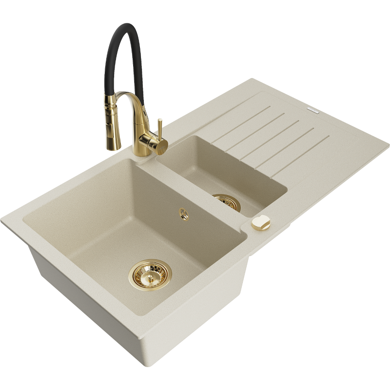 Mexen Matias Granitspüle 1,5-Kammer mit Abtropffläche und Küchenarmatur Aster, beige - 6502-69-73450-57-G