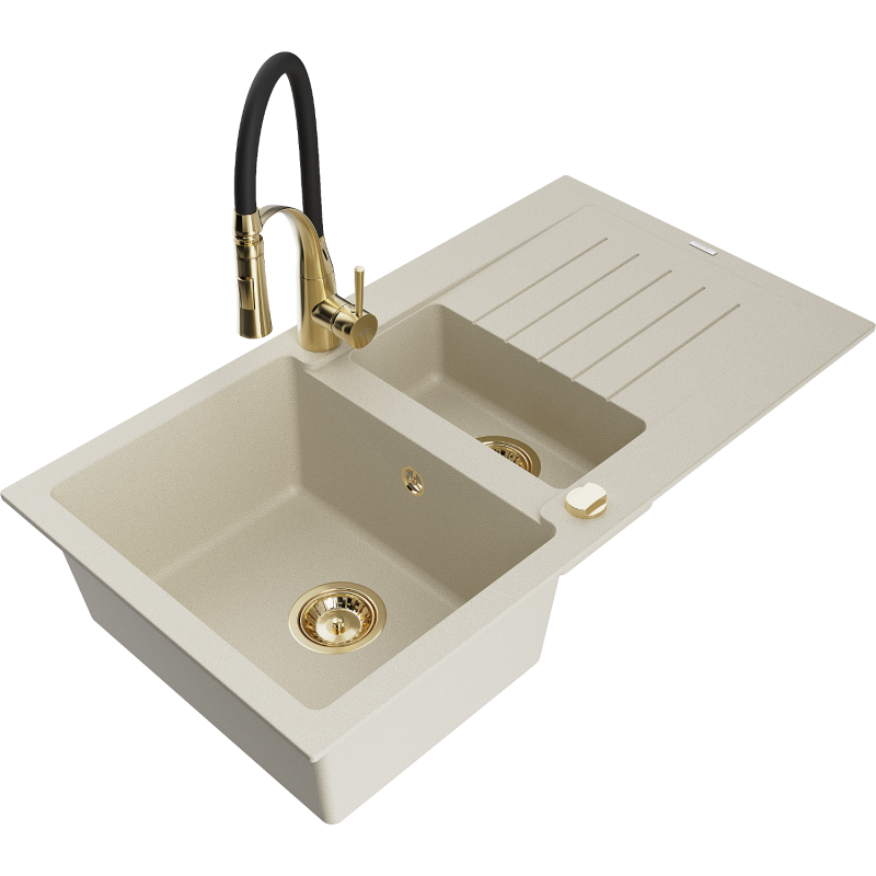 Mexen Matias lavello in granito a 1,5 vasca con gocciolatoio e rubinetto da cucina Aster, beige - 6502-69-73450-57-G