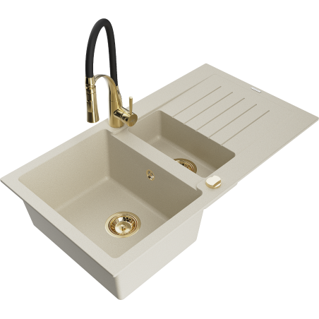 Mexen Matias Granite Kitchen Sink 1.5 Bowl with Drainer and Aster Kitchen Tap, Beige - 6502-69-73450-57-G