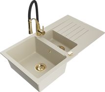 Mexen Matias granieten gootsteen 1,5-kamer met afdruiprek en keukenmengkraan Aster, beige - 6502-69-73450-57-G
