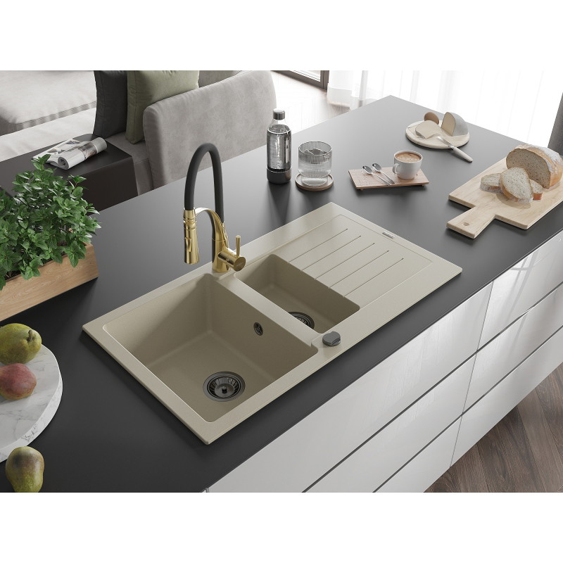 Mexen Matias 1,5-komorige granieten gootsteen met afdruiprek en keukenkraan Aster, beige - 6502-69-73450-57-B