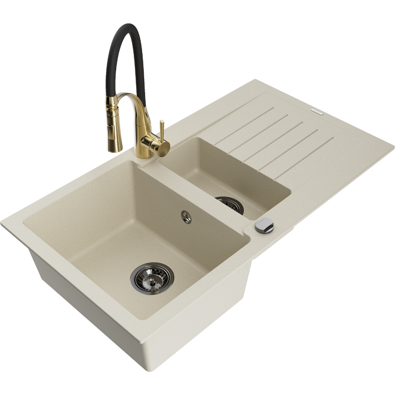 Mexen Matias 1.5-bowl granite kitchen sink with drainer and Aster faucet, beige - 6502-69-73450-57-B