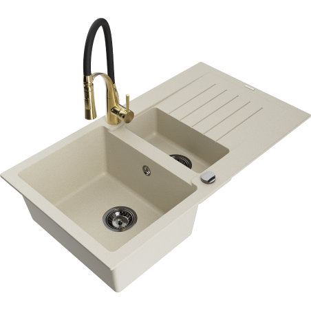 Mexen Matias 1.5-bowl granite kitchen sink with drainer and Aster faucet, beige - 6502-69-73450-57-B