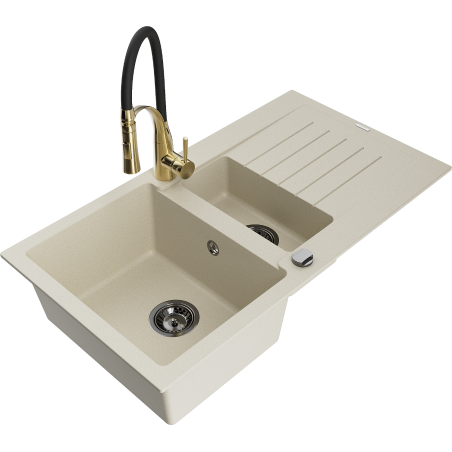 Mexen Matias granieten spoelbak 1,5-komers met afdruiprek en keukenmengkraan Aster, beige - 6502-69-73450-57-B