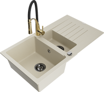 Mexen Matias Granitspüle 1,5-Becken mit Abtropffläche und Küchenarmatur Aster, beige - 6502-69-73450-57-B