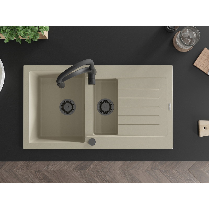 Mexen Matias lavello in granito a 1,5 vasche con scolatoio e rubinetto da cucina Aster, beige - 6502-69-73450-70-B