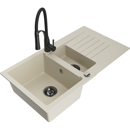 Mexen Matias granite sink 1.5-bowl with drainer and Aster kitchen faucet, beige - 6502-69-73450-70-B