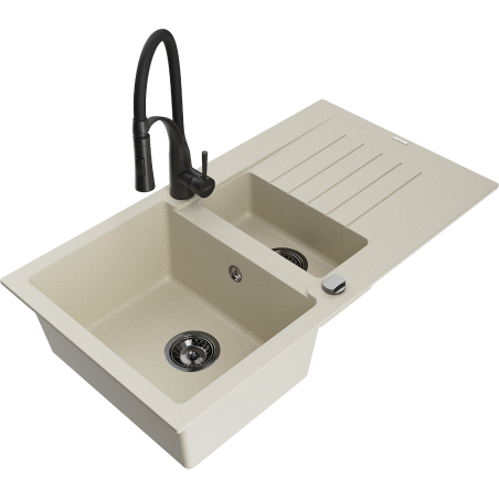 Mexen Matias lavello in granito a 1,5 vasche con scolatoio e rubinetto da cucina Aster, beige - 6502-69-73450-70-B