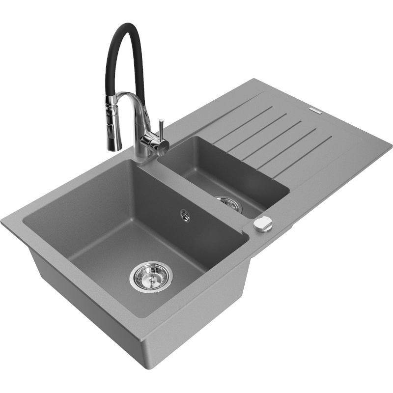Mexen Matias fregadero de granito de 1,5 senos con escurridor y grifo de cocina Aster, gris - 6502-71-73450-07