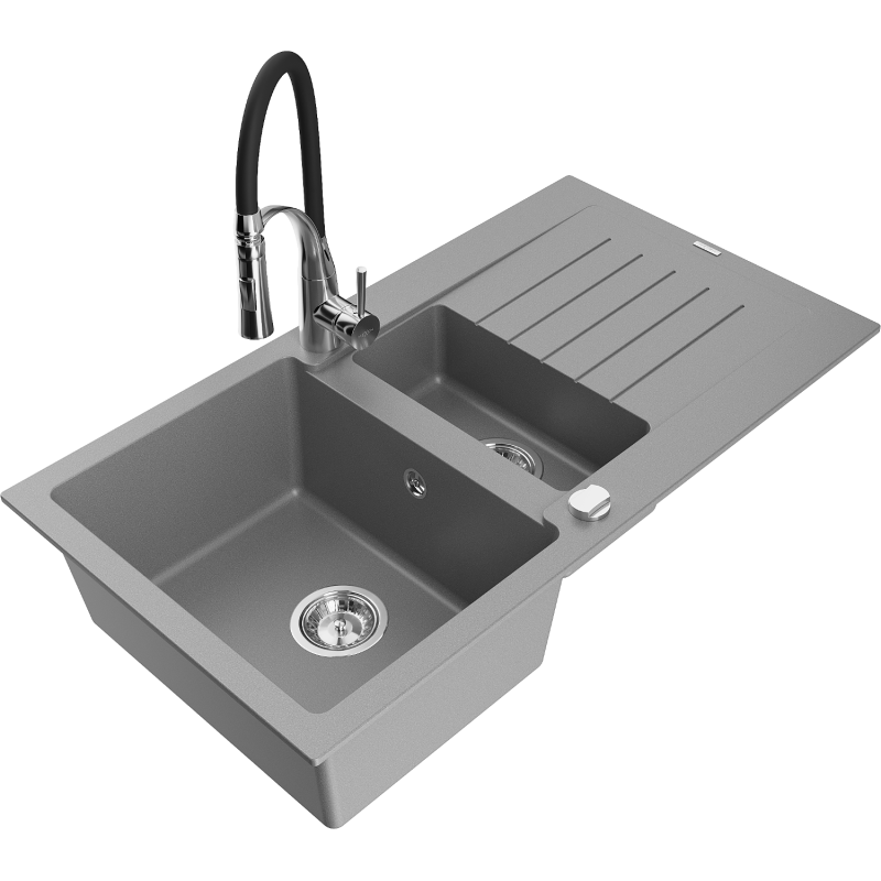 Mexen Matias granite sink 1.5-bowl with drainer and Aster kitchen tap, grey - 6502-71-73450-07