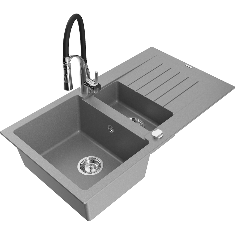 Mexen Matias lava-loiça de granito com 1,5 bacias com escorredor e torneira de cozinha Aster, cinzento - 6502-71-73450-07