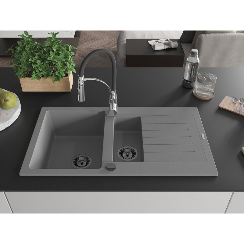 Mexen Matias fregadero de granito de 1,5 senos con escurridor y grifo de cocina Aster, gris - 6502-71-73450-07-B