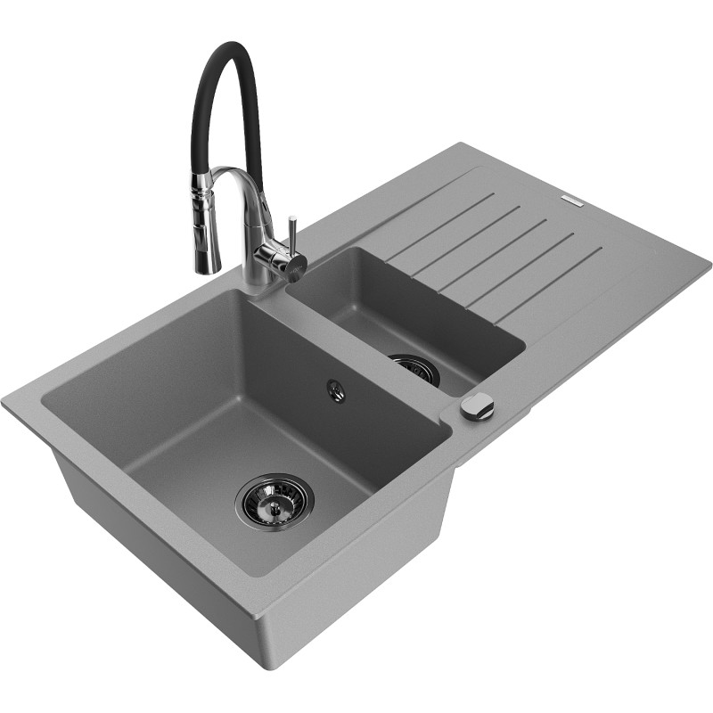 Mexen Matias fregadero de granito de 1,5 senos con escurridor y grifo de cocina Aster, gris - 6502-71-73450-07-B
