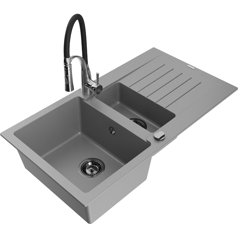 Mexen Matias granitā izlietne 1,5 nodalījums ar noteku un virtuves jaucējkrānu Aster, pelēka - 6502-71-73450-07-B