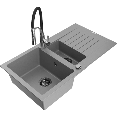 Mexen Matias fregadero de granito de 1,5 senos con escurridor y grifo de cocina Aster, gris - 6502-71-73450-07-B