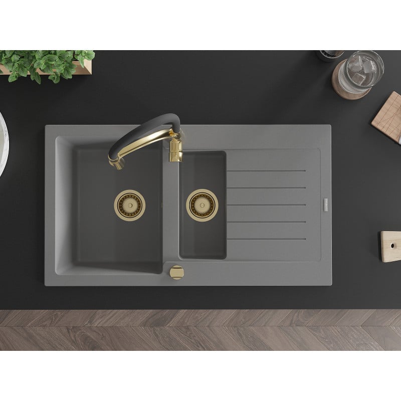 Mexen Matias fregadero de granito de 1,5 senos con escurridor y grifo de cocina Aster, gris - 6502-71-73450-57-G