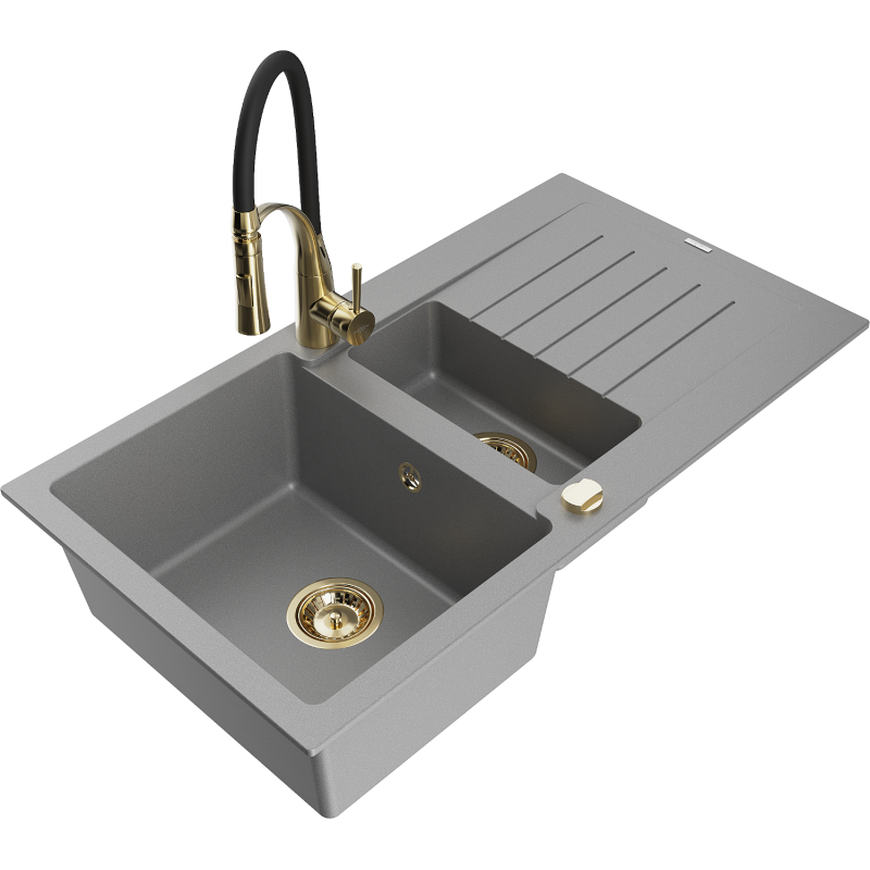 Mexen Matias fregadero de granito de 1,5 senos con escurridor y grifo de cocina Aster, gris - 6502-71-73450-57-G