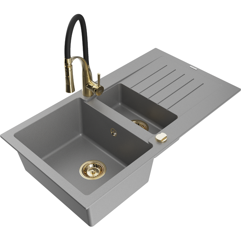 Mexen Matias granite sink 1.5-bowl with drainer and Aster kitchen tap, grey - 6502-71-73450-57-G