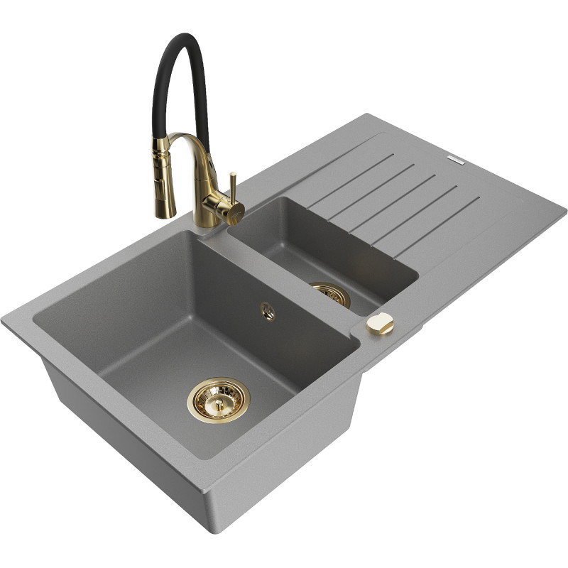 Mexen Matias granitische gootsteen 1,5-kamer met afdruiprek en keukenmengkraan Aster, grijs - 6502-71-73450-57-G
