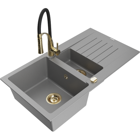 Mexen Matias 1.5-Bowl Granite Sink with Drainer and Aster Kitchen Faucet, Gray - 6502-71-73450-57-G
