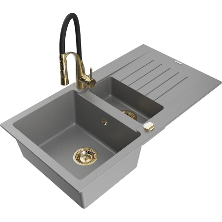 Mexen Matias granite sink 1.5-bowl with drainer and Aster kitchen tap, grey - 6502-71-73450-57-G