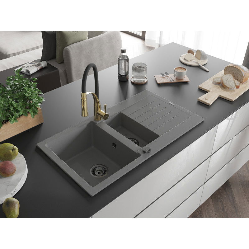 Mexen Matias fregadero de granito 1,5 senos con escurridor y grifo de cocina Aster, gris - 6502-71-73450-57-B