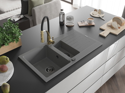 Mexen Matias lavello in granito a 1,5 vasche con scolapiatti e rubinetto da cucina Aster, grigio - 6502-71-73450-57-B