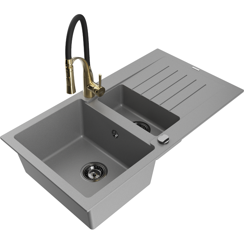 Mexen Matias fregadero de granito 1,5 senos con escurridor y grifo de cocina Aster, gris - 6502-71-73450-57-B