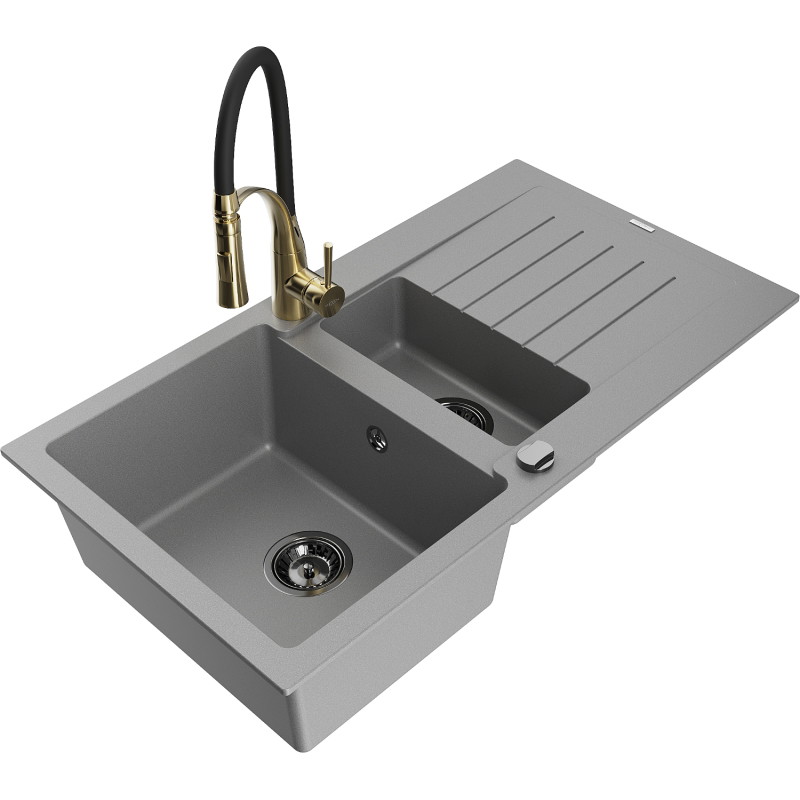 Mexen Matias fregadero de granito de 1,5 senos con escurridor y grifo de cocina Aster, gris - 6502-71-73450-57-B