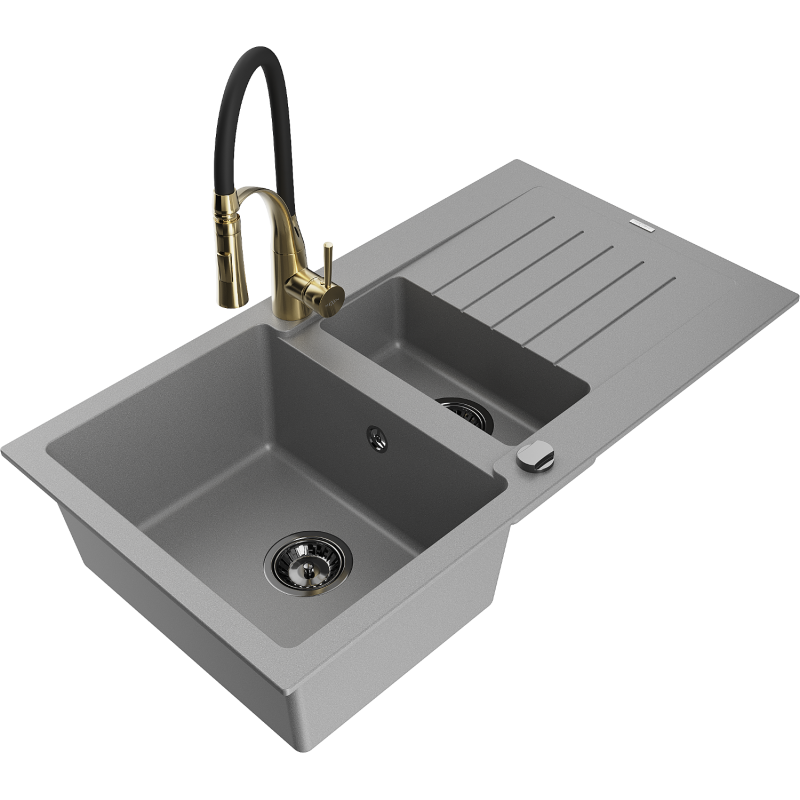 Mexen Matias lava-loiça em granito de 1,5 bacias com escorredor e torneira de cozinha Aster, cinza - 6502-71-73450-57-B