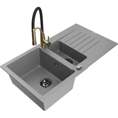 Mexen Matias 1.5-bowl granite sink with drainer and Aster kitchen faucet, gray - 6502-71-73450-57-B