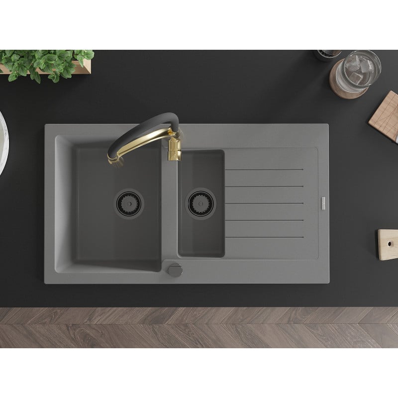 Mexen Matias fregadero de granito 1,5 senos con escurridor y grifo de cocina Aster, gris - 6502-71-73450-57-B