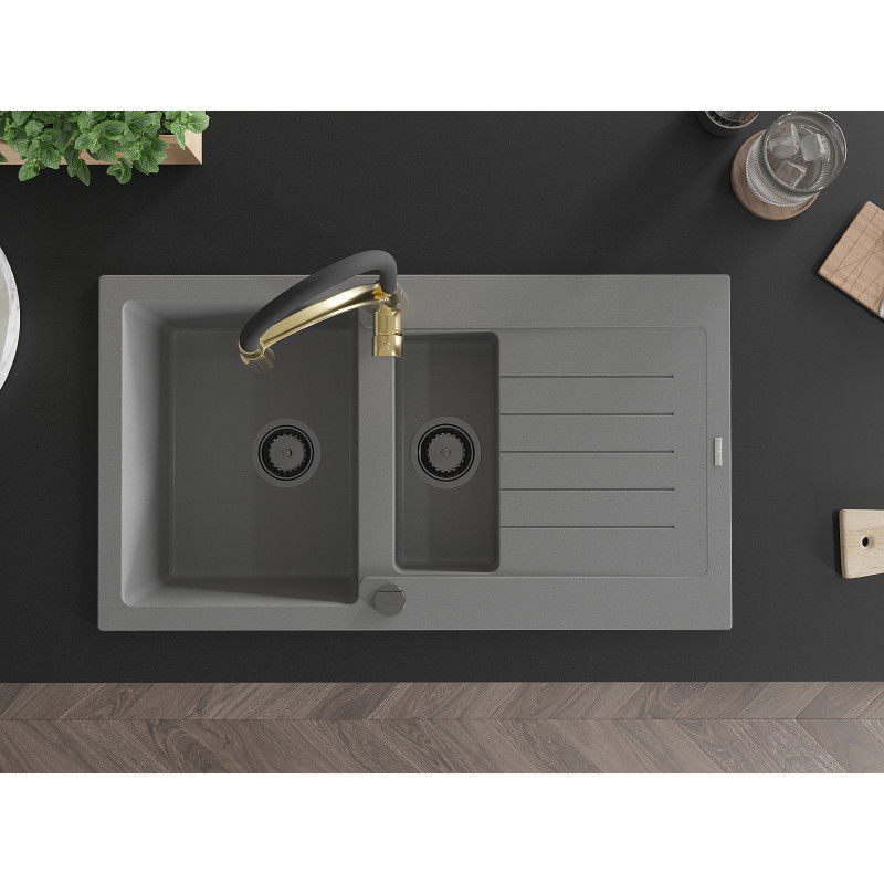 Mexen Matias lavello in granito a 1,5 vasche con scolapiatti e rubinetto da cucina Aster, grigio - 6502-71-73450-57-B