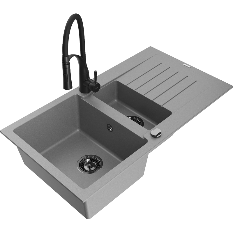 Mexen Matias granite sink 1.5-bowl with drainer and Aster kitchen tap, grey - 6502-71-73450-70-B