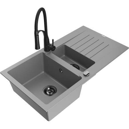Mexen Matias fregadero de granito de 1,5 senos con escurridor y grifo de cocina Aster, gris - 6502-71-73450-70-B