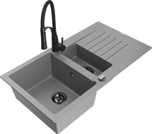 Mexen Matias fregadero de granito 1,5 compartimentos con escurridor y grifo de cocina Aster, gris - 6502-71-73450-70-B